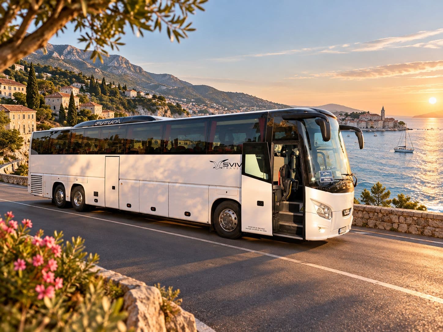 Autobus na obalnom putu u zalazak sunca