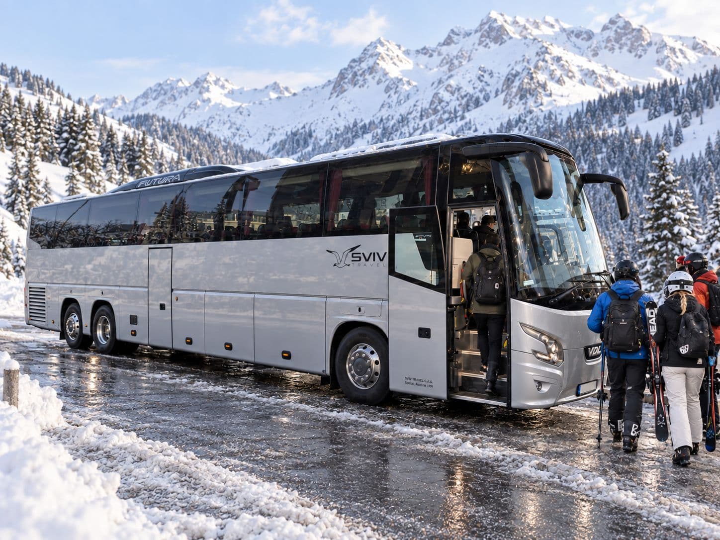 SVIV autobus i grupa skijaša na snegu