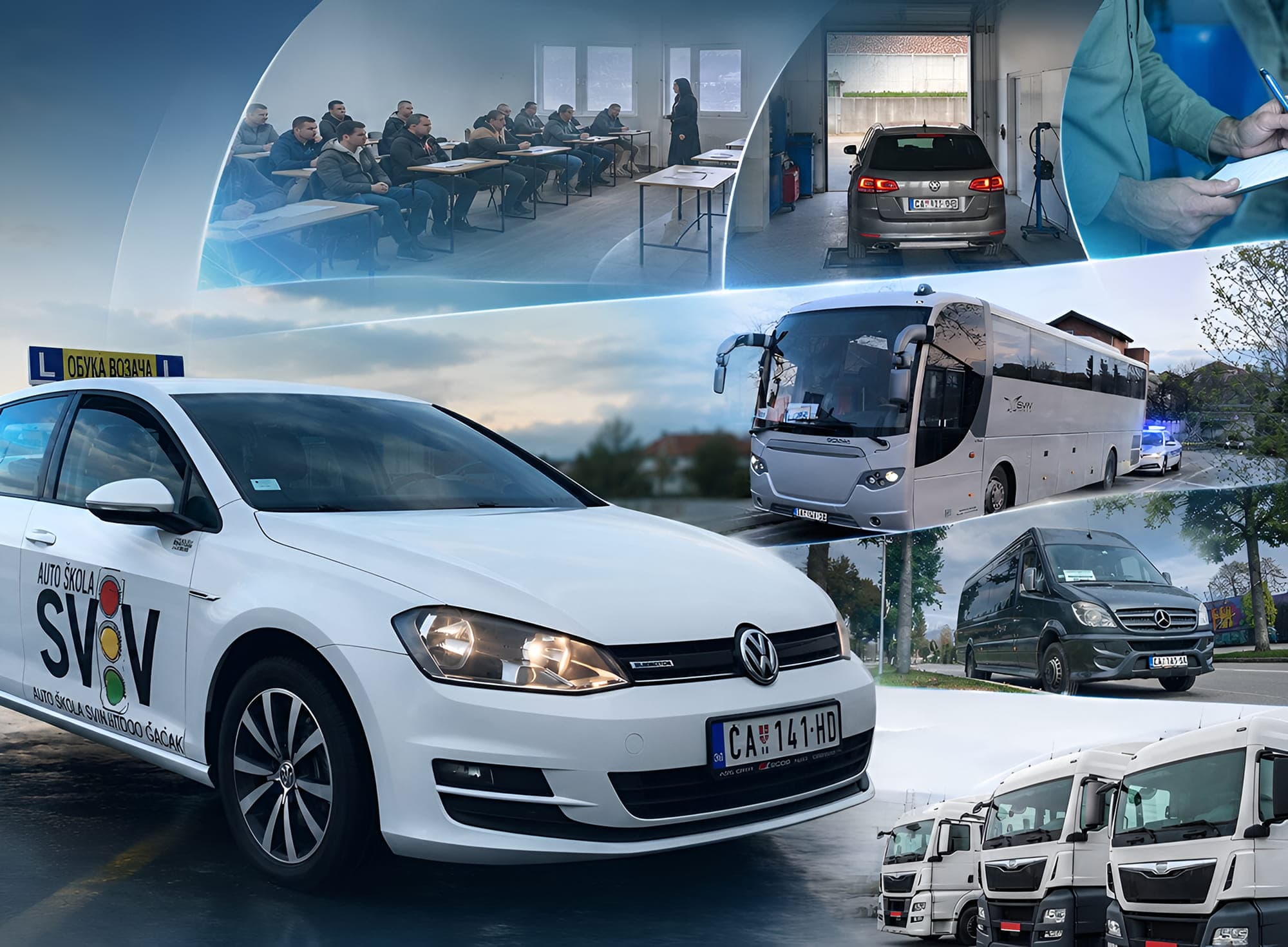 Kolaž vozila SVIV sistema - autobusi, kombi i vozilo auto škole